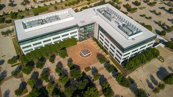 Plano, United States – August 27, 2022: An aerial view pf former MedAssets Headquarters Building Plano in Texas in USA