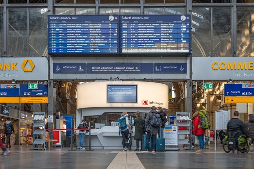 Frankfurt am Main, Germany – April 09, 2022: A group of people at the main railway station in Frankfurt am Main