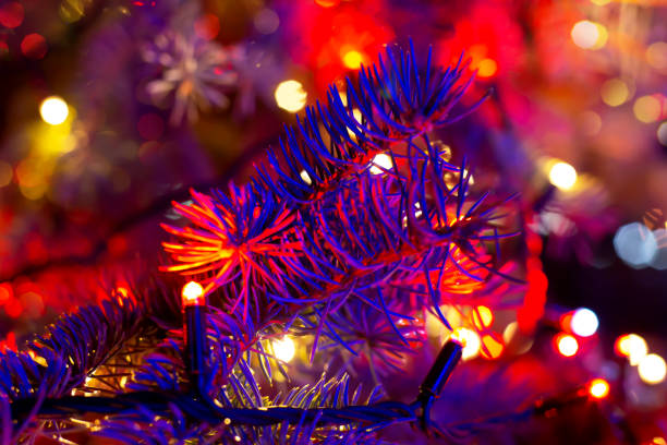 Christmas tree in the dark in blue glow and blurred lights. Christmas and New Year background for design. Happy holidays. Selective focus, defocus
