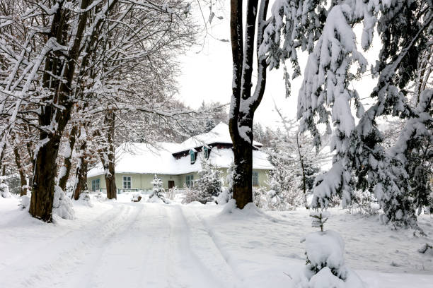 istock Snowy road leads to the house 1447331253