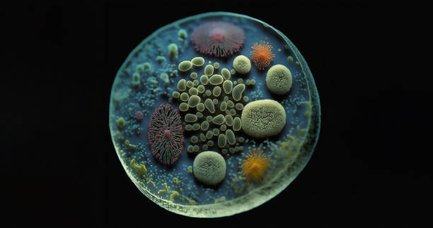 microscope view of different microbes, antibiotic resistance concept - petri dish bacterium colony laboratory imagens e fotografias de stock