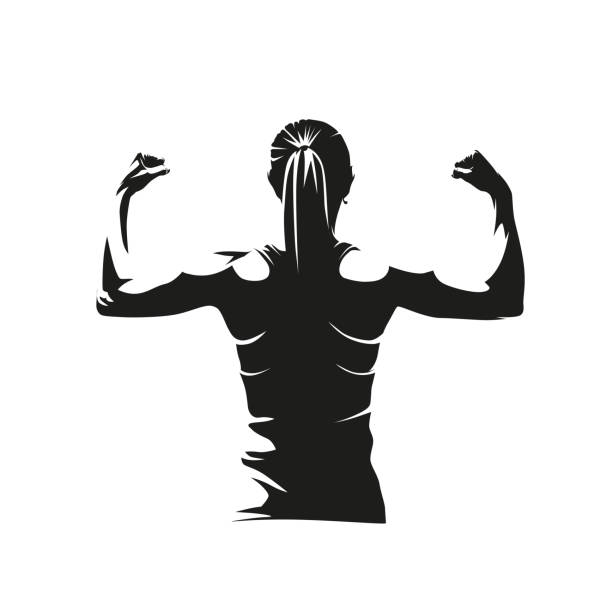 Athletic young woman showing muscles on her back and arms. Isolated vector silhouette, ink drawing. Fitness logo vector art illustration
