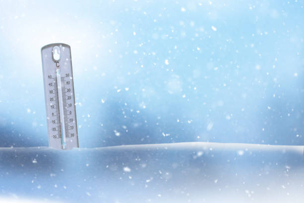 Thermometer on winter snow background. Thermometer for measuring outdoor air temperature. Cold weather in winter season. Meteorological device for observing, measuring the weather. Weather forecast.