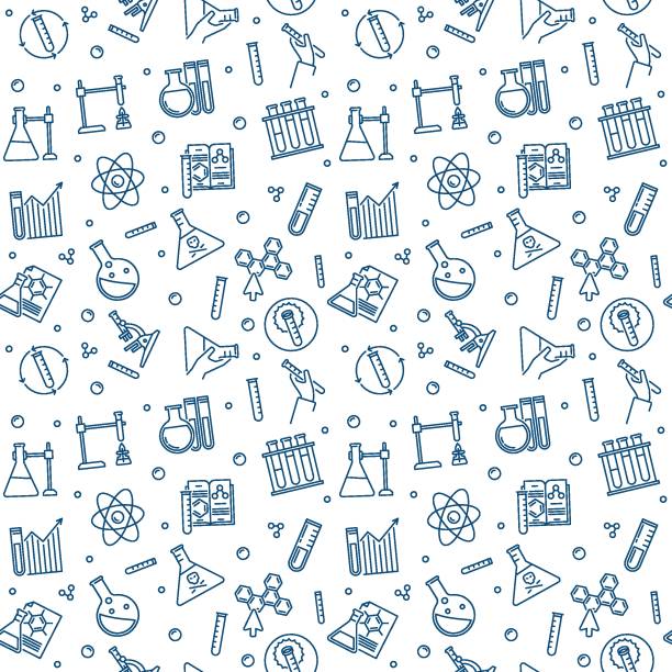 ilustrações de stock, clip art, desenhos animados e ícones de chemistry minimal seamless pattern. chemical vector concept background - textile scientific experiment laboratory textile industry