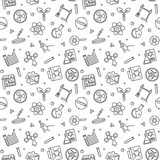 ilustrações de stock, clip art, desenhos animados e ícones de vector chemistry seamless background. chemical concept linear pattern - textile scientific experiment laboratory textile industry