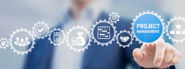 Project management processes and tools with project manager touching icons for cost, time, planning, schedule, monitoring, quality, team, work breakdown structure, diagram. stock photo