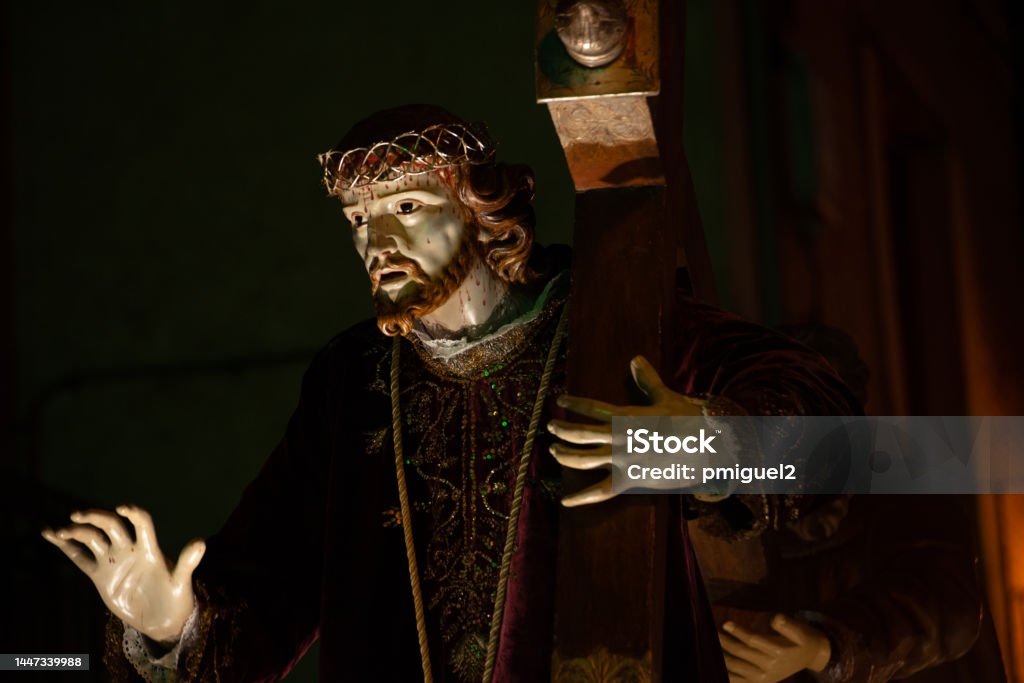 Jesus Nazareno carving of the holy week of Tordesillas, Valladolid-Spain. Image of Jesus Nazareno carving of the holy week of Tordesillas, Valladolid-Spain. Processions through the streets. Christ with the cross on his back. Art Stock Photo