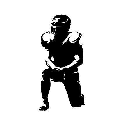 American football player kneeling, isolated vector silhouette, front view