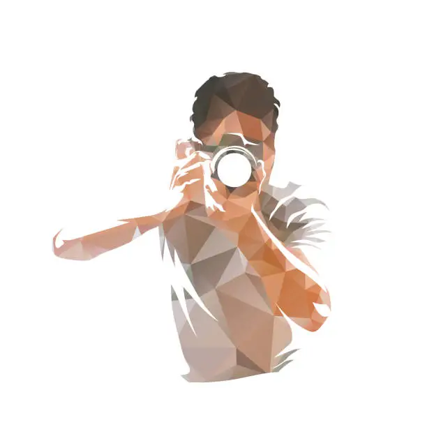 Vector illustration of Photographer with camera takes pictures, low polygonal vector logo. Front View. Man with digital camera, geometric illustration from triangles