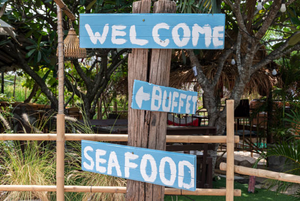 istock Blue wooden sign with a message Welcome ,Buffet and Seafood 1447342170