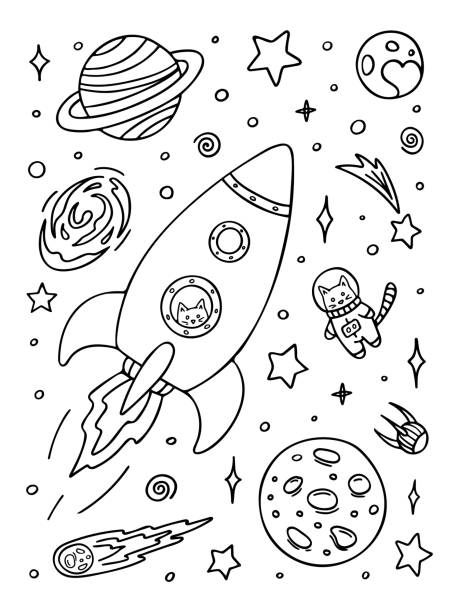 Coloring page with rocket, cat astrinaut in space Coloring page with rocket, astronaut cat and planets in space. Hand drawn vector contoured black and white illustration. Design template for kids coloring book, poster or postcard. coloring book stock illustrations