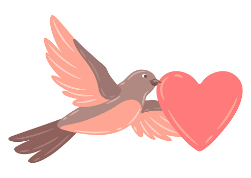Illustration of cute flying bird and holding heart. Image of stylized birdie in simple style.