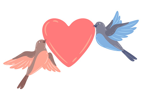 Illustration of cute flying birds and holding heart. Image of stylized birdies in simple style.