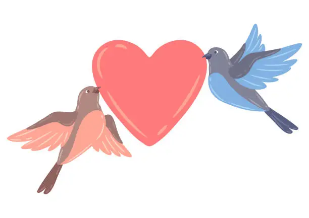 Vector illustration of Illustration of cute flying birds and holding heart. Image of birdies in simple style.