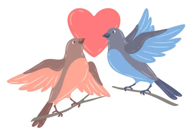 Vector illustration of Illustration of cute birds with heart and sitting on branch. Image of birdies in simple style.