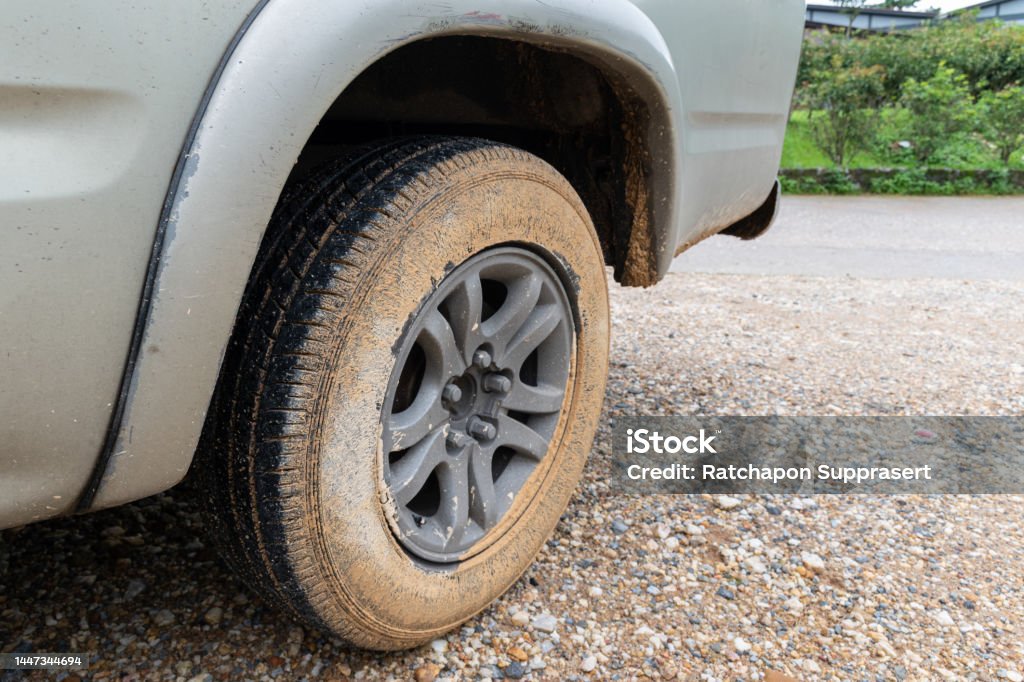 Mud dirty pickup truck wheels 4x4 Stock Photo