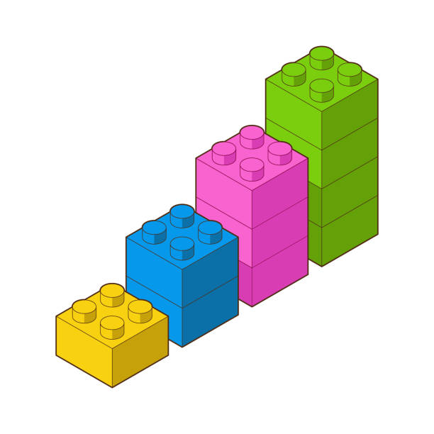 다이어그램 장난감 빌딩 블록, 어린이를위한 벽돌. 벡터 아이소메트릭 그림입니다. 컬러 벽돌은 흰색 배경에 격리되어 있습니다. - orange visualization built structure cube stock illustrations