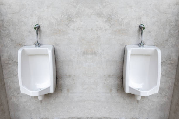 two white porcelain urinals with gray loft wall - urinal clean contemporary in a row imagens e fotografias de stock