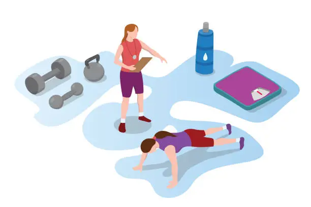 Vector illustration of pt personal trainer health for health sport with woman female with modern isometric style