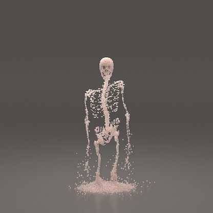 Falling digital skeleton made of translucent cubes, 3d render.