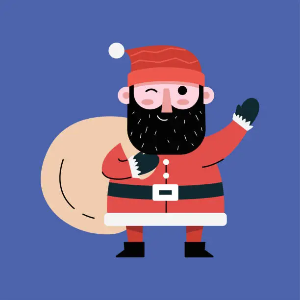 Vector illustration of illustration of a person in santa costume wear holding a bag of present waving hand pose. vector character cartoon.
