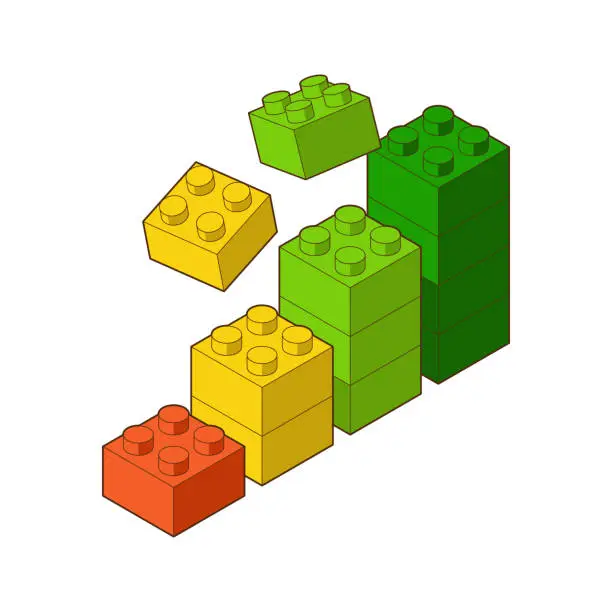 Vector illustration of The diagram toy building block, bricks for children. Vector isometric illustration. Colored bricks are isolated on white background.