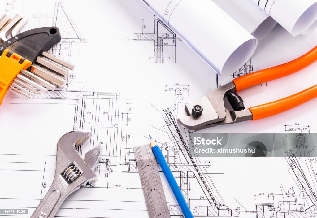Engineering Drawings Library Engineering Drawings And Tools Stock Photo - Download Image Now ...