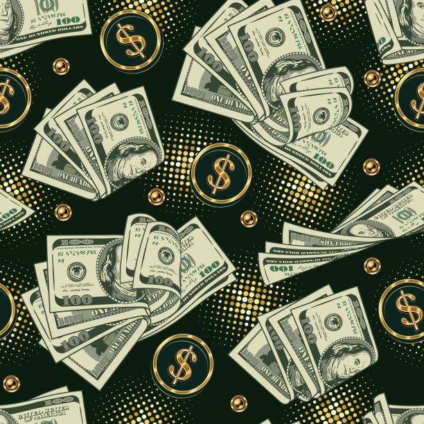 ilustrações de stock, clip art, desenhos animados e ícones de money seamless pattern in vintage style with stacks of dollar bills, round halftone shapes, gold dollar sign, beads - crumpled currency dollar folded