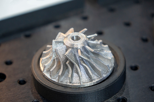 The high technology metal 3D  printing turbine parts. The sample of automotive parts from rapid prototype  manufacturing concept.