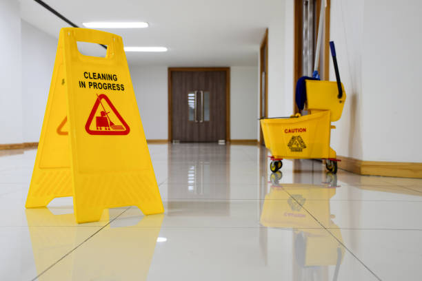 istock Yellow warning sign with message Cleaning in progress 1447349649