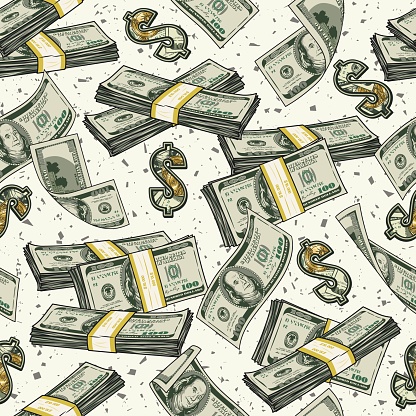 Money seamless pattern with dollar wads, stacks, dollar sign. 100 US dollar banknotes. Heap, pile of money. Detailed vintage vector illustration.