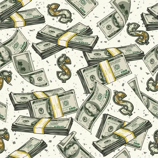 Vector illustration of Money pattern with dollar wads, dollar sign