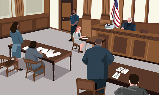Court session in the courtroom. Judge, Prosecutor, lawyer, criminal, jury policeman Vector illustration