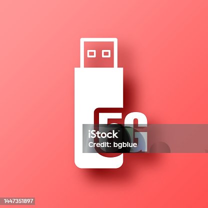 istock 5G USB modem. Icon on Red background with shadow 1447351897