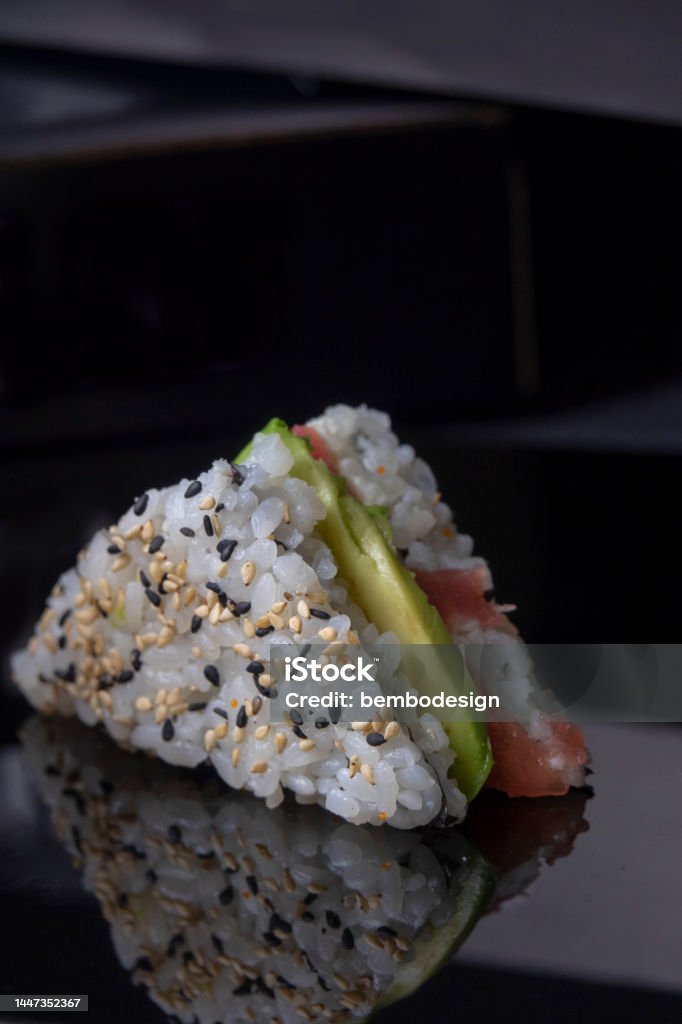 Sushi sandwich on a black background Sushi Stock Photo