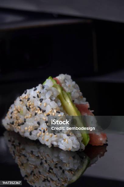 Sushi Sandwich On A Black Background Stock Photo - Download Image Now - Sushi, Vegetarian Food, Asia