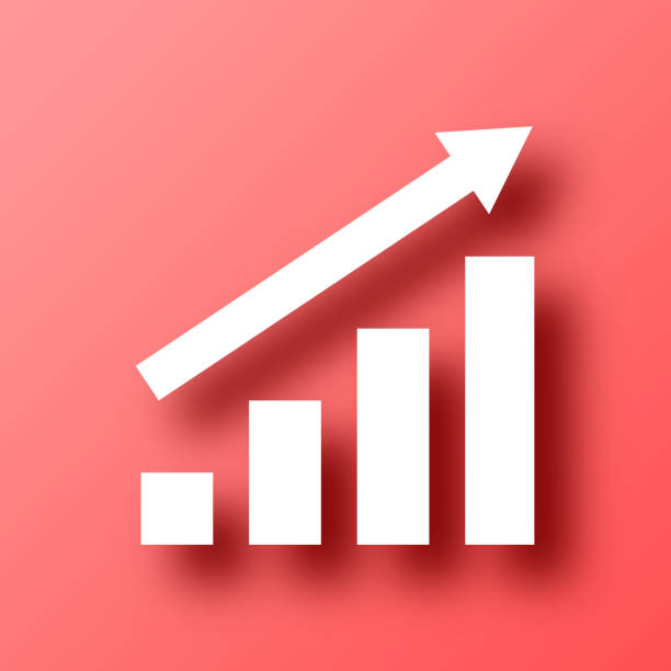 wachsender graph. symbol auf rotem hintergrund mit schatten - red background grafiken stock-grafiken, -clipart, -cartoons und -symbole