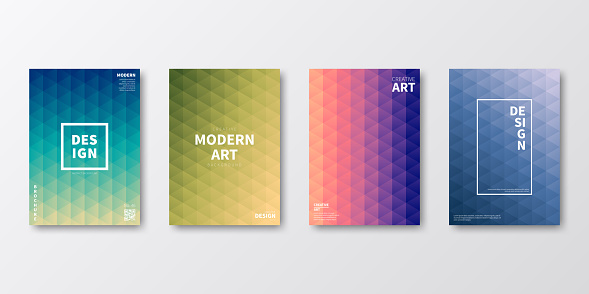 Set of four vertical brochure templates with modern and trendy backgrounds, isolated on blank background. Abstract geometric illustrations. Mosaics with triangular patterns and beautiful color gradients (colors used: Purple, Pink, Orange, Green, Blue, Black, Beige, Turquoise, Yellow). Can be used for different designs, such as brochure, cover design, magazine, business annual report, flyer, leaflet, presentations... Template for your own design, with space for your text. The layers are named to facilitate your customization. Vector Illustration (EPS10, well layered and grouped), wide format (2:1). Easy to edit, manipulate, resize and colorize.
