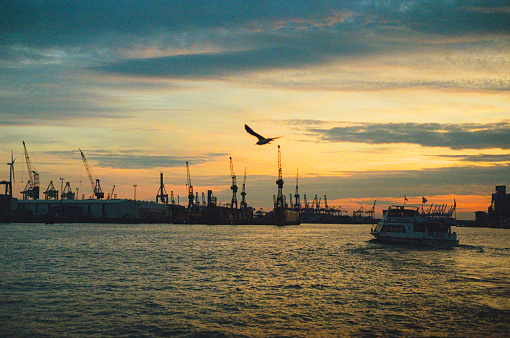 istock Hamburg port at sunset 1447355568