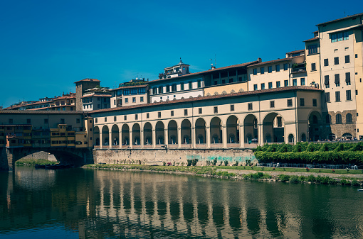 Arched walkway linking part of the Vasari Corridor from the Ponte Vecchio to the Uffizi Museum in the city of Florence, Italy.