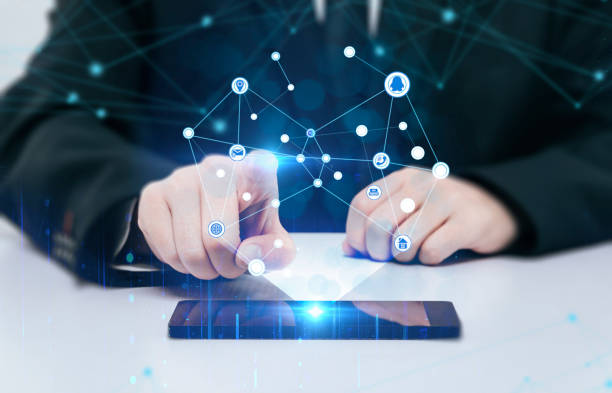 istock The sitting person touches the Internet data with their hands 1447356465