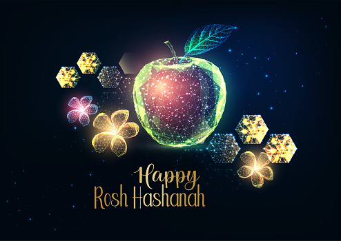 Happy Rosh Hashanah greeting card template with glowing apples, flowers and honey comb in futuristic low polygonal style on dark blue background. Modern abstract connection design vector illustration