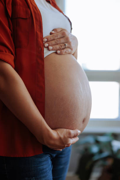istock Sideview of pregnant stomach. 1447356906