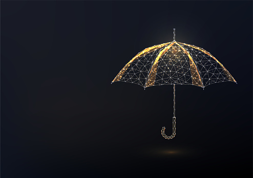 Abstract gold umbrella as symbol of protection, insurance isolated on black background. Security, life insurance concept. Futuristic glowing low polygonal style, Modern design vector illustration.