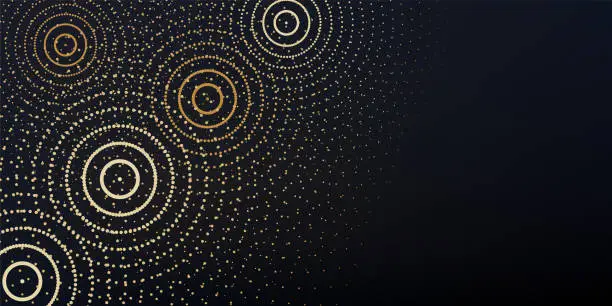 Vector illustration of Gold ripples affect abstract concept banner on black background. Golden circles, water rings