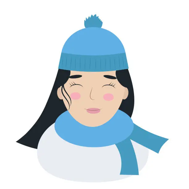Vector illustration of Girl with black hair in a hat and scarf