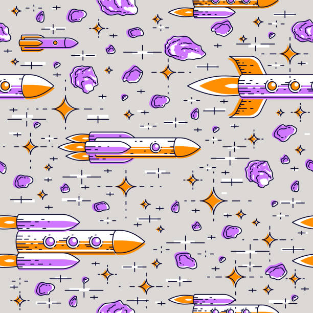 космический бесшовный фон с ракетами, звездами и метеоритами, неоткрытая галактика космическая фантастическая и интересная текстильная т� - grand atlas stock illustrations