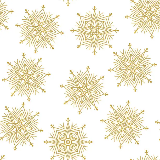 Vector illustration of Gold Glittering Snow Flakes Seamless Pattern. Design Element for Christmas and New Year Greeting Cards and Designs. Sparkling Golden Snowflake with Glitter Texture. Winter Holidays Decoration Design Element.