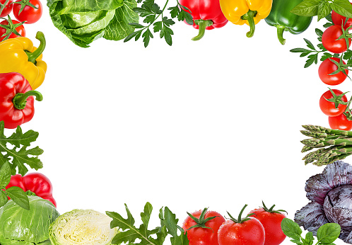 Food background with colorful vegetables (tomato, beetroot, bell pepper, cucumber,zucchini, broccoli, eggplant) on a light grey slate, stone or concrete table.Top view with copy space.