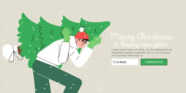 Vector illustration of People choose fir-tree on christmas market or fair. Man hold christmas tree to decorate his home. Winter holidays or new year preparations web advertisement banner, flyer, placard or landing page.